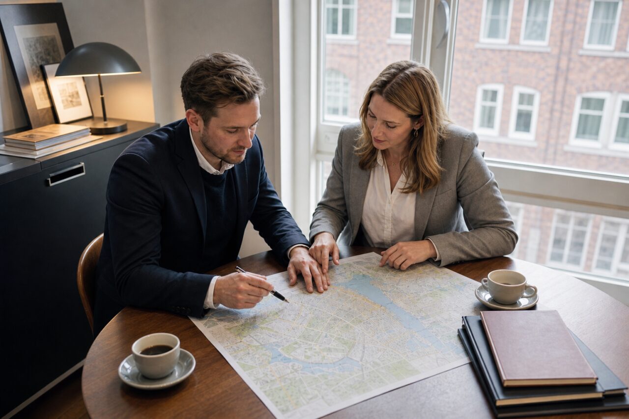 Consultation autour d’une carte avec cafés et dossiers