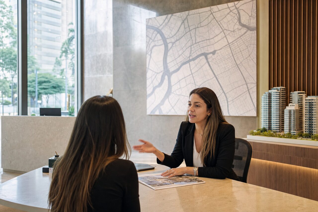 Consulta inmobiliaria en São Paulo junto a un gran mapa urbano