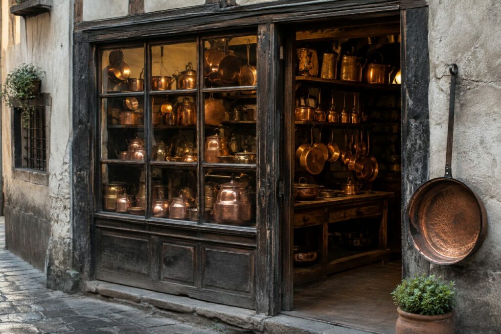 Boutique de cuivre, casseroles patinées
