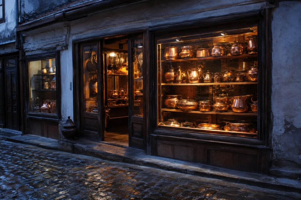 Boutique de cuivre, bois frotté et vitrine ancienne