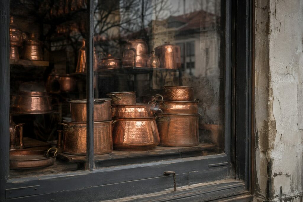 Boutique de cuivre, objets patinés en vitrine