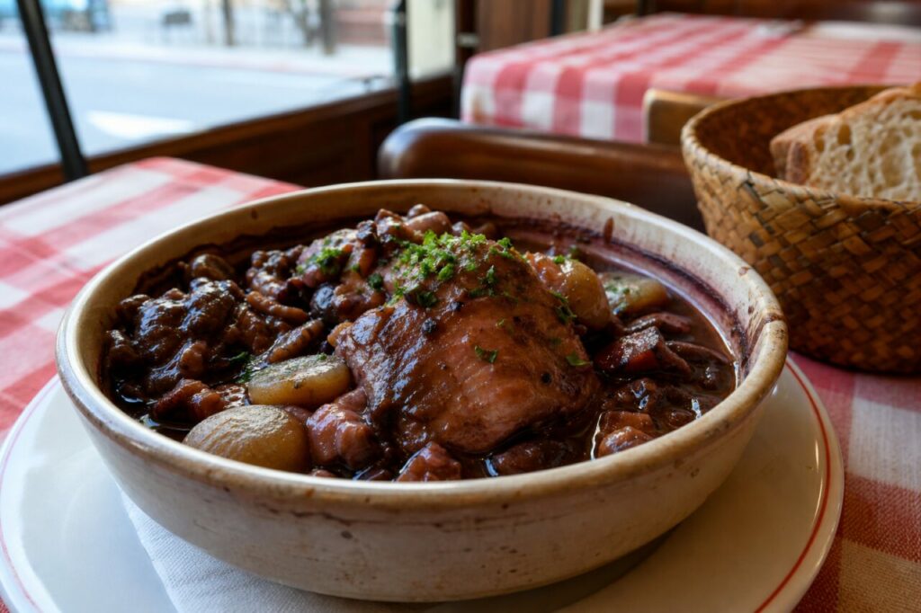 Coq au vin stufato in una cocotte con pane in brasserie