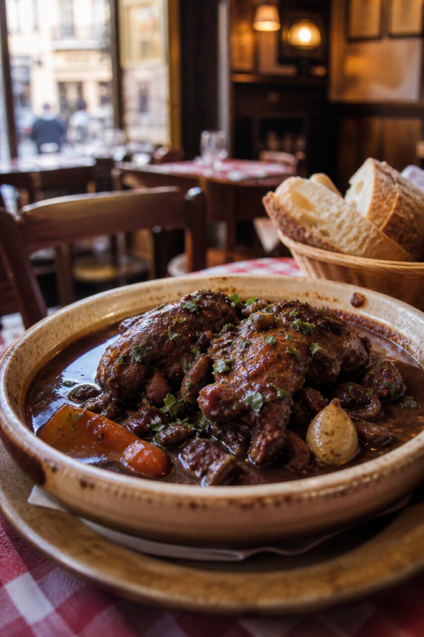 Coq au vin em grande plano com cogumelos, cenoura e pão junto a uma janela