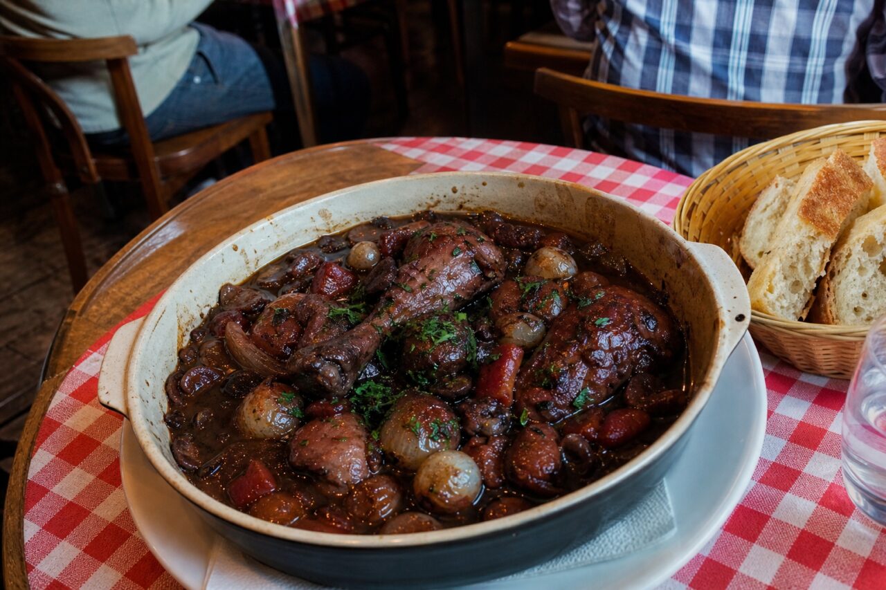 Coq au vin generoso com pão e vinho tinto numa mesa de brasserie