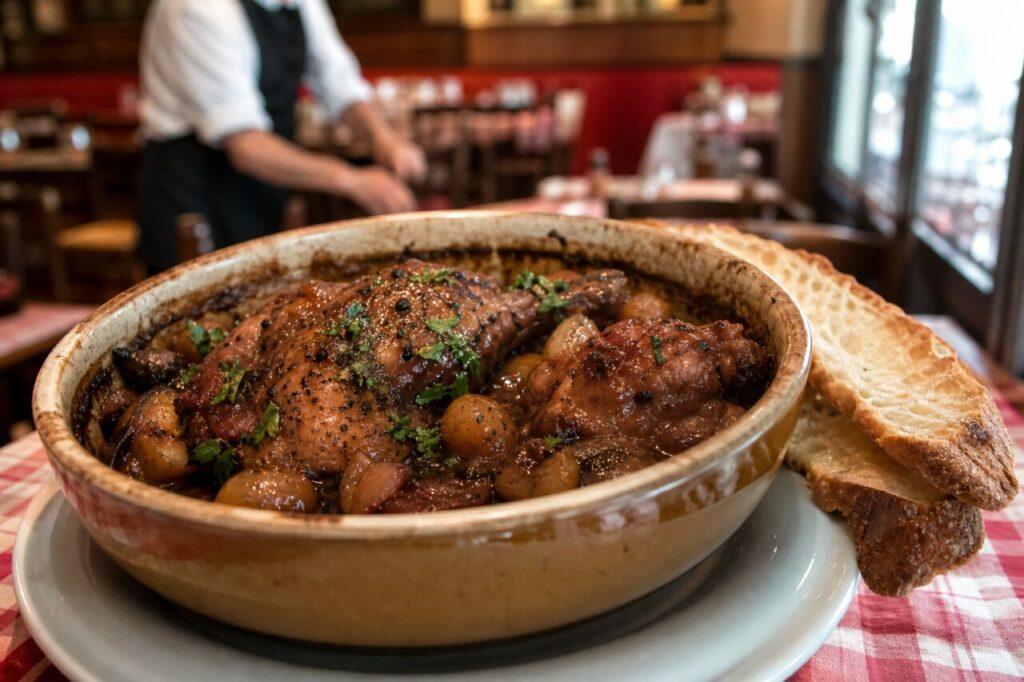 Coq au Vin im Topf mit Kartoffeln und Brot im Brasserie-Gastraum