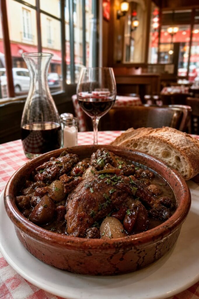 Coq au vin crock with red wine glass and bread on a checked cloth