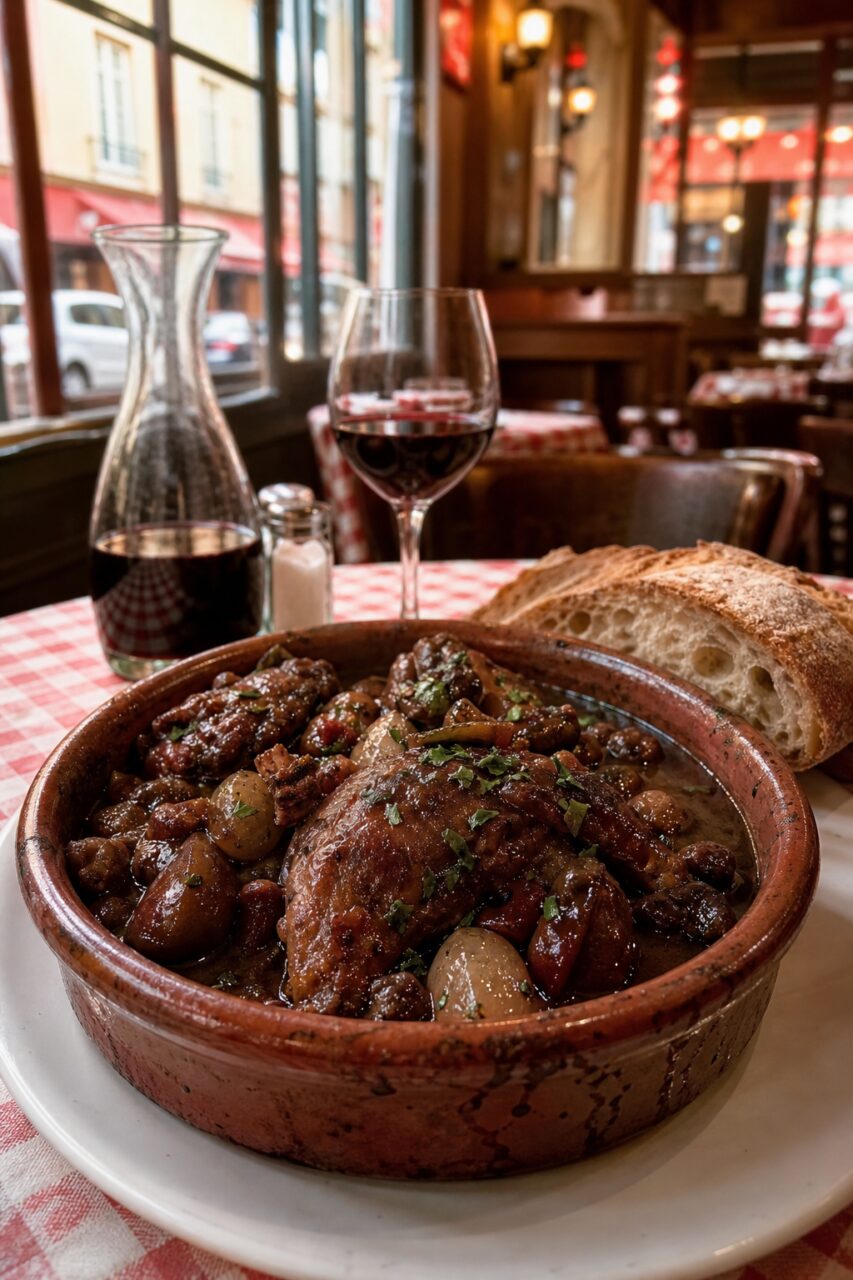 Coq au vin crock with red wine glass and bread on a checked cloth