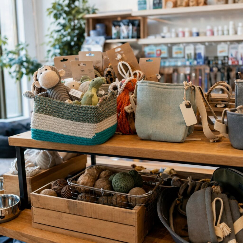 Körbe und Spielzeug für Tiere im Ladendisplay