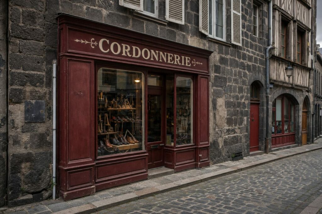 Cordonnerie ancienne à Clermont-Ferrand, devanture bordeaux et chaussures dans une boutique en pierre volcanique