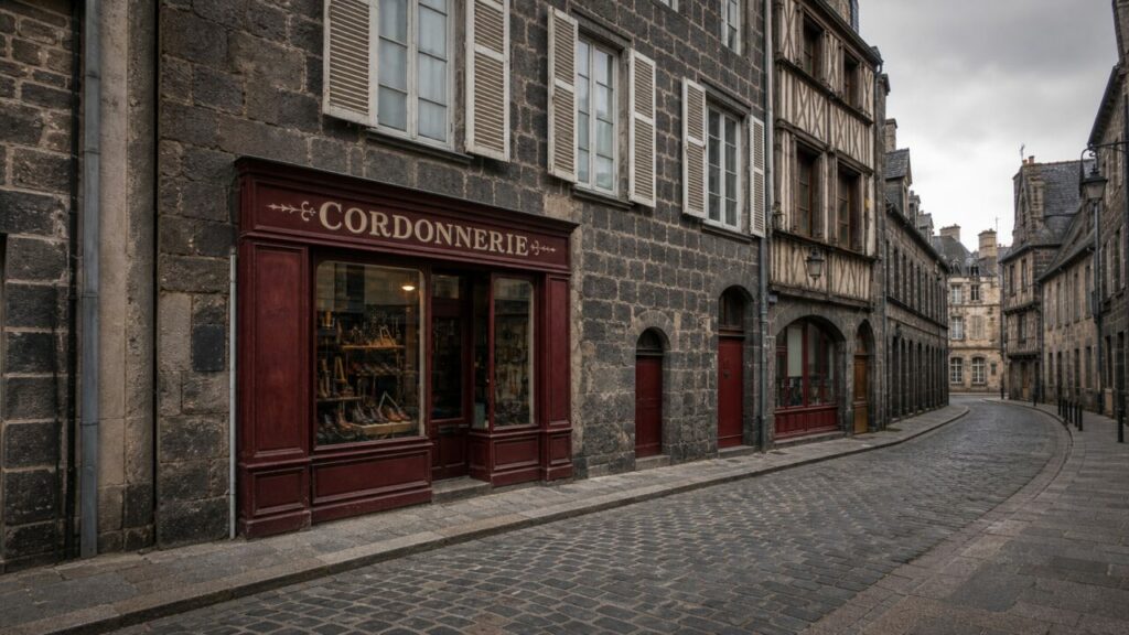 Cordonnerie ancienne à Clermont-Ferrand, vitrine bordeaux sur rue pavée