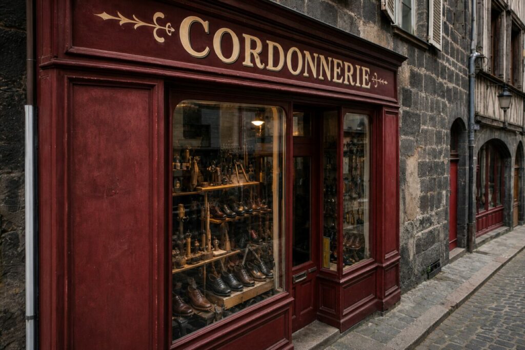 Cordonnerie à Clermont-Ferrand, Enseigne et chaussures en vitrine