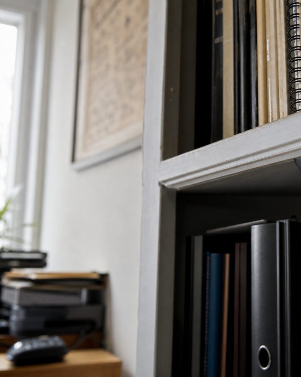 Left side of a bookcase beside a bright window