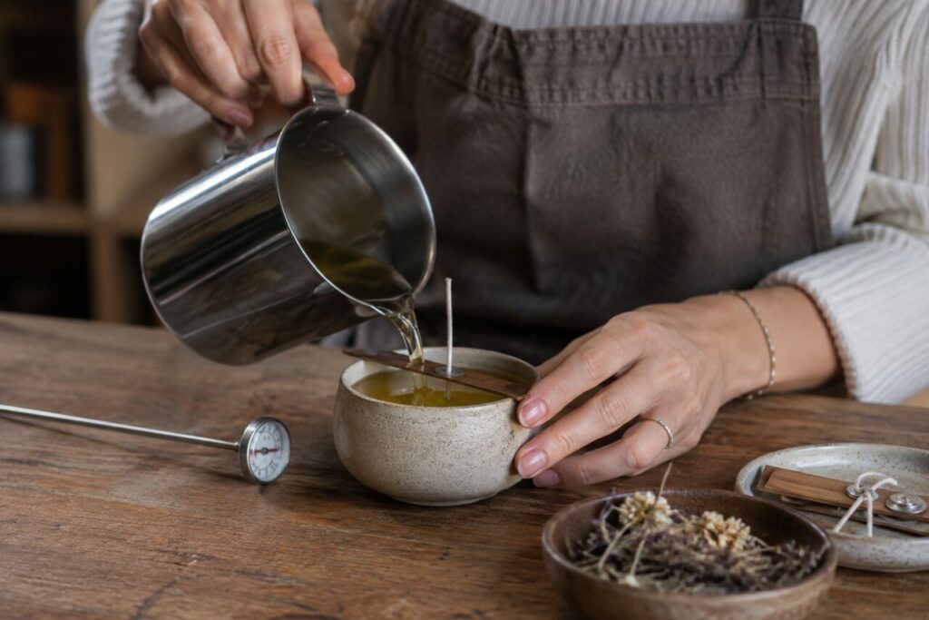 Coulée de cire dans un petit pot avec mèche et thermomètre
