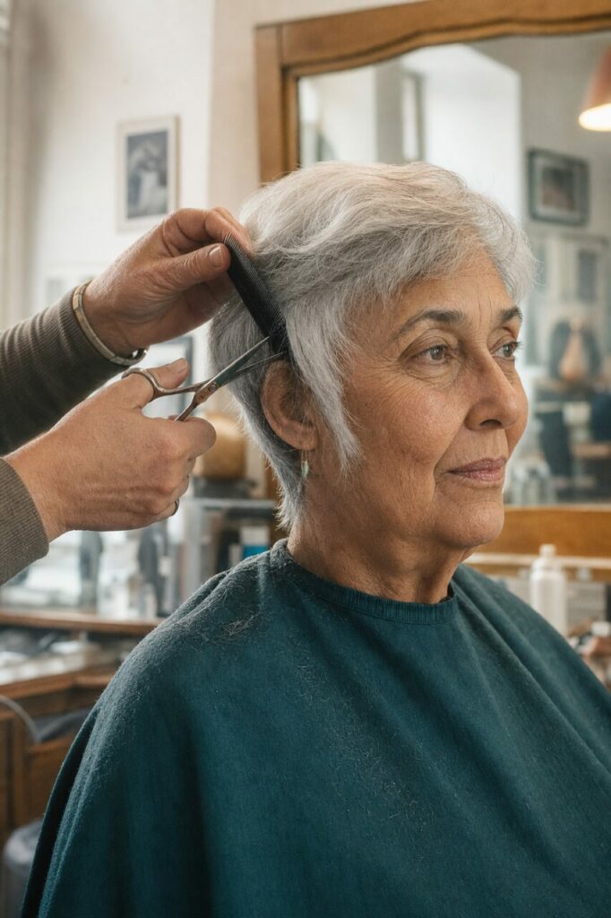 Scissor work on short silver hair