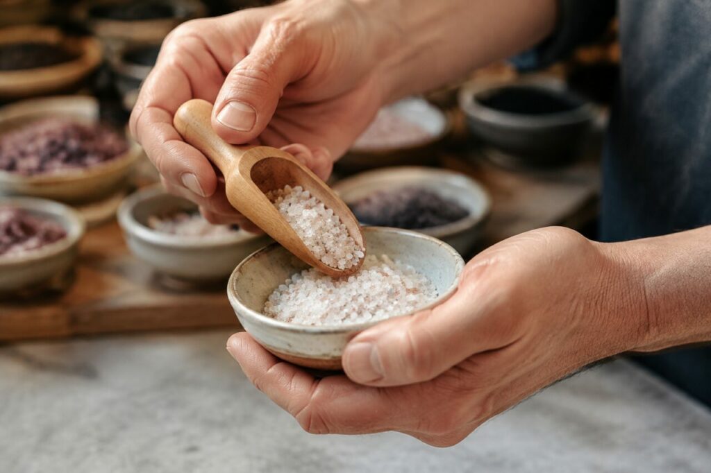 Coupelle de sels avec cuillère et main au milieu de plusieurs récoltes