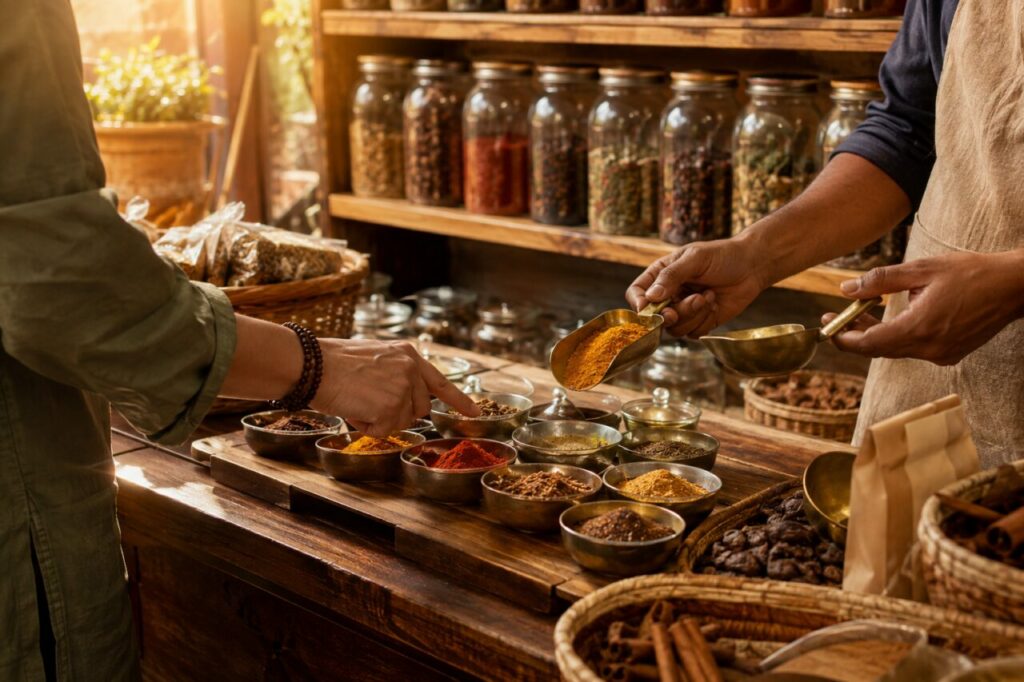 Coupelles de cumin, curcuma et poivre sur la table de l’épicerie