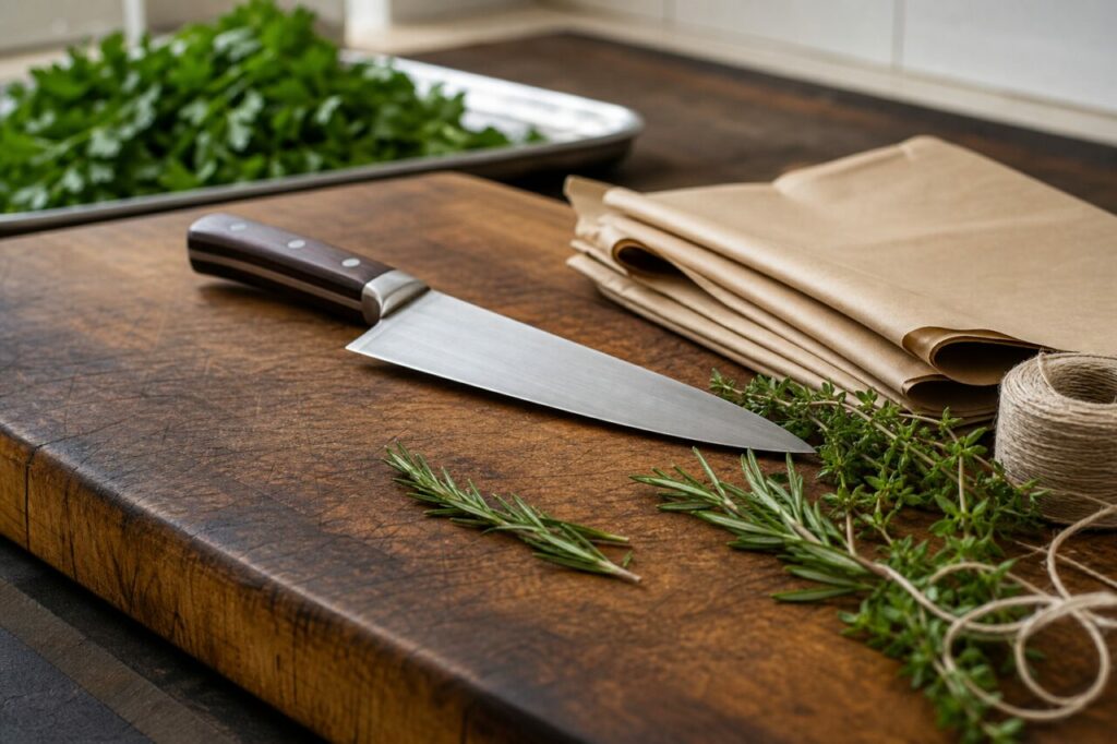 Couteau de cuisine posé sur une planche en bois