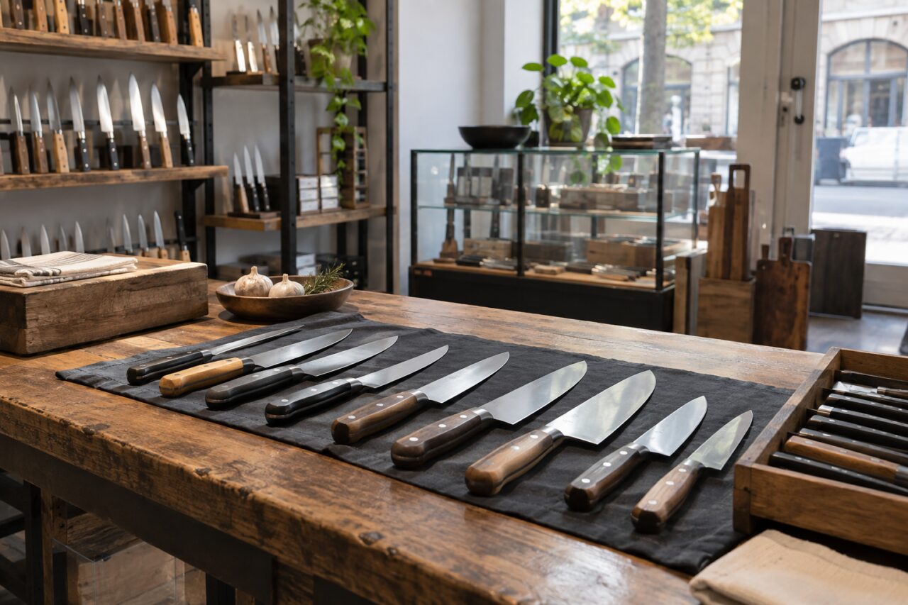 Independent cutlery shop — arranging kitchen blades at a counter