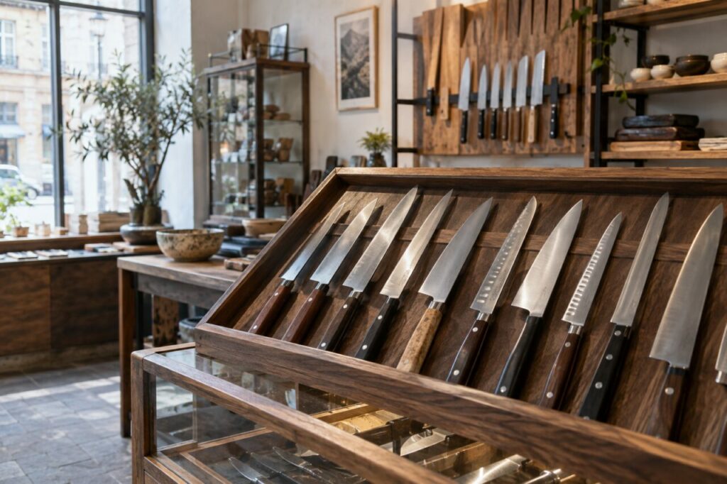 Independent cutlery shop — with knives in a wooden display