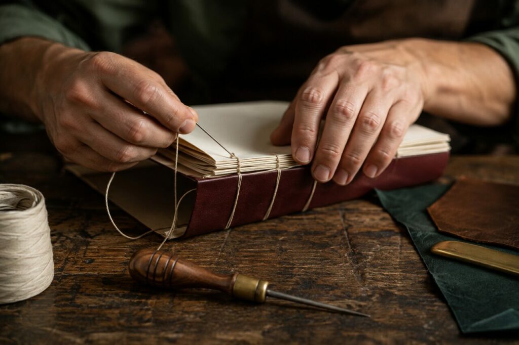 Couture de cahiers avec fil clair, cuir et livre ouvert