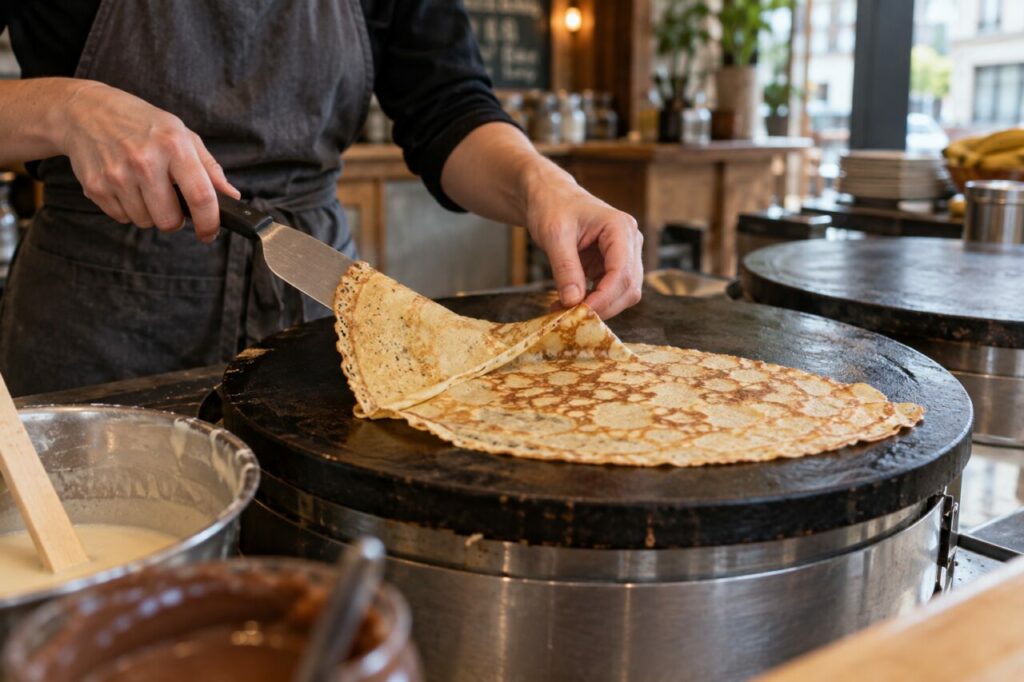 Crêperie artisanale — a close view of a golden crepe being turned