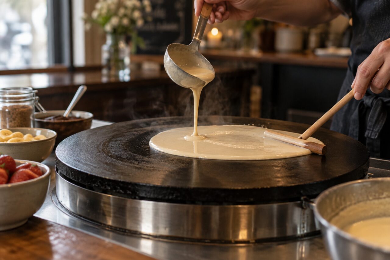 Zelfstandige crêperie — pouring batter onto a round hotplate