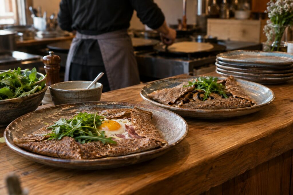 Crêperie artisanale — showing folded galettes and handmade plates