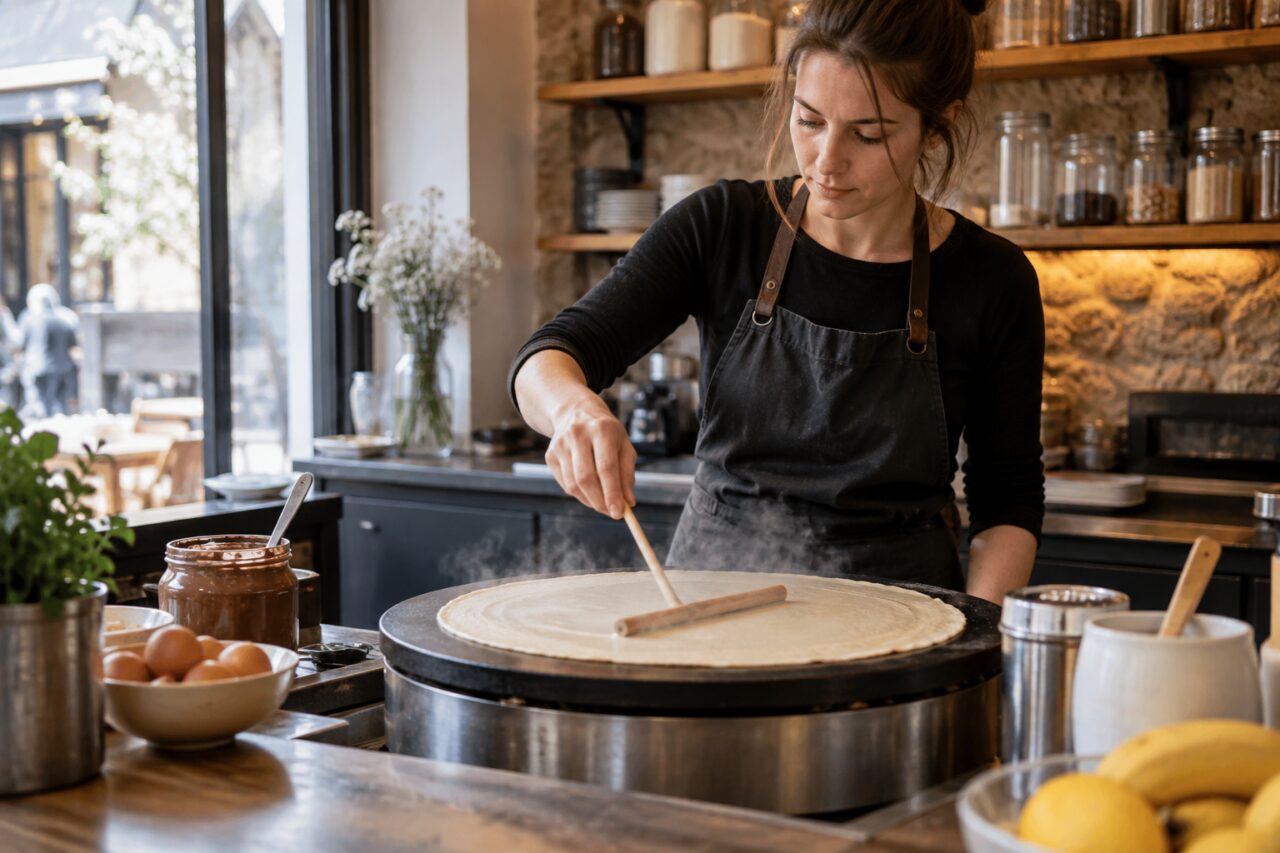 Crepería artesanal — with a crepe griddle at the counter