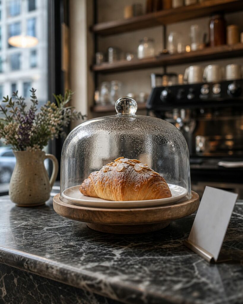 Mandelcroissant unter einer Glasglocke in einer vertikalen Thekenaufnahme