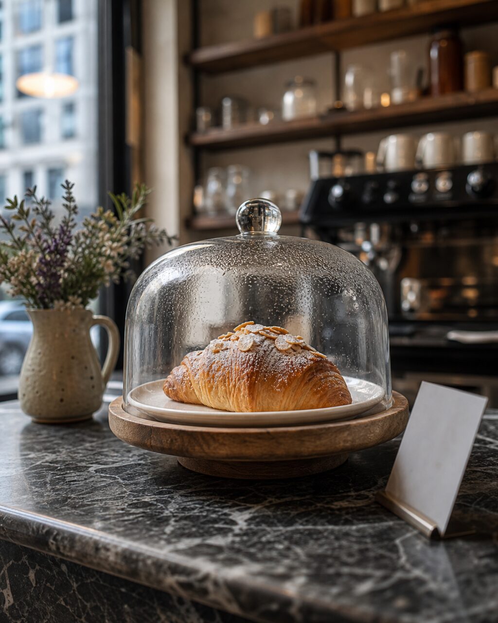 Croissant aux amandes sous cloche dans un cadrage vertical de comptoir
