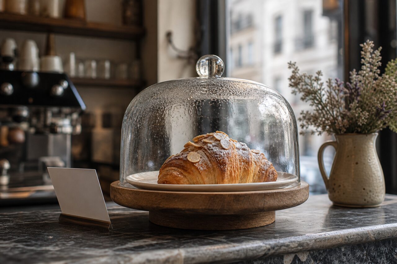Side view of an almond croissant beneath a dome on a wooden stand