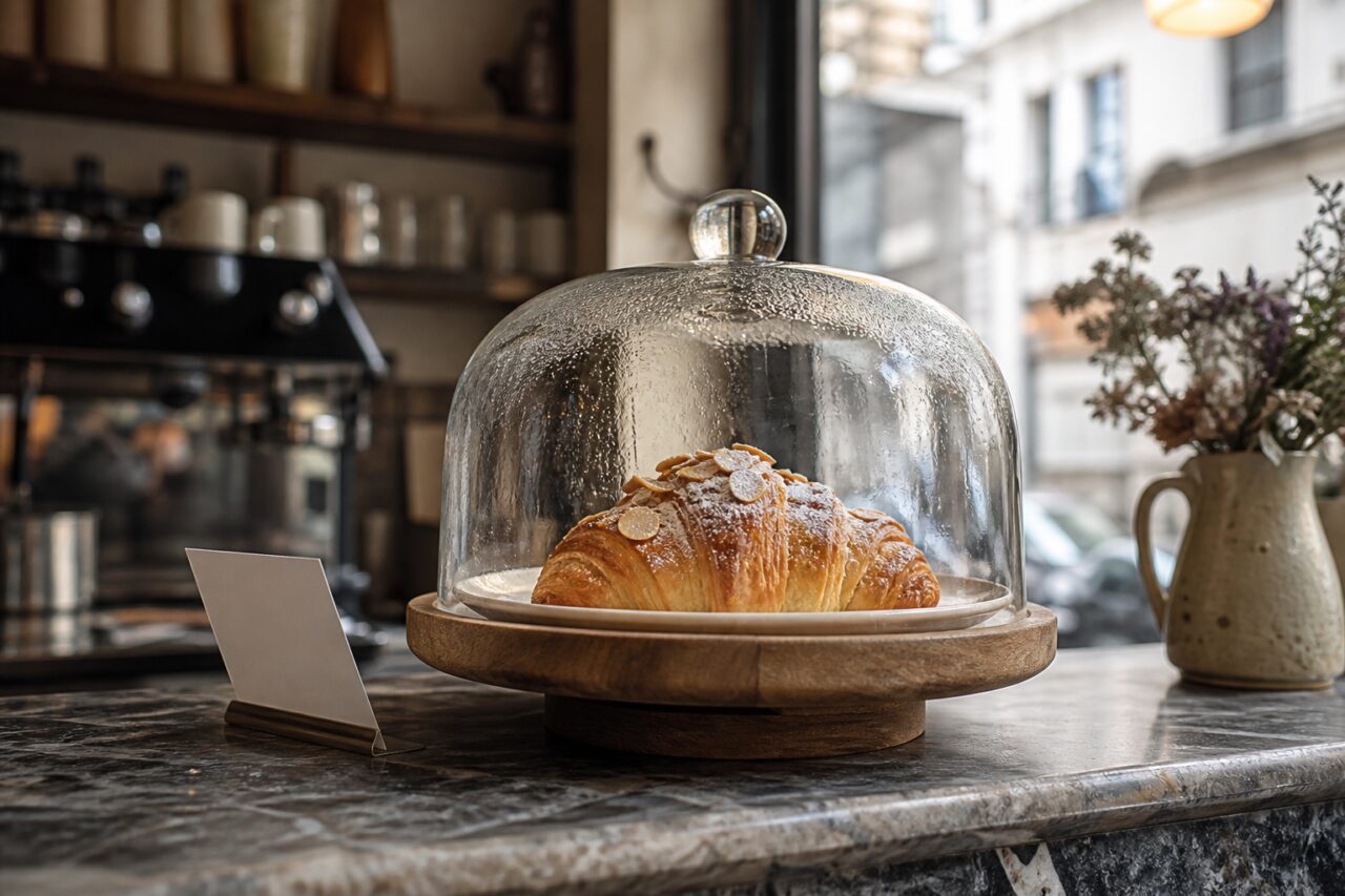 Croissant de amêndoas sob uma cúpula de vidro no balcão do café