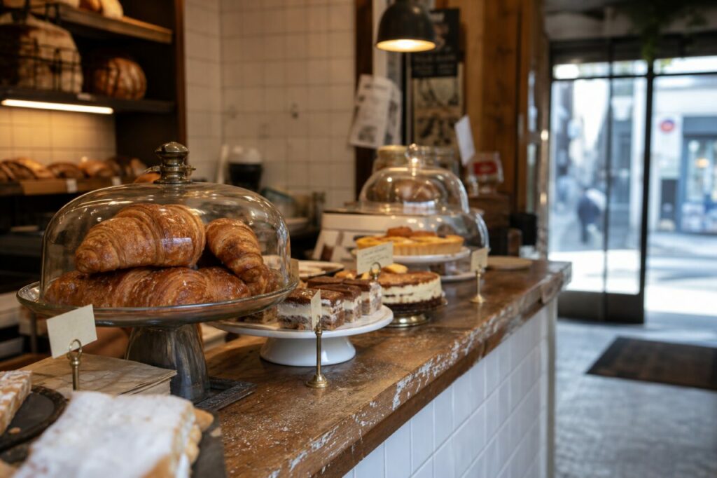 Croissants sous cloche sur un comptoir en bois près d’une entrée lumineuse