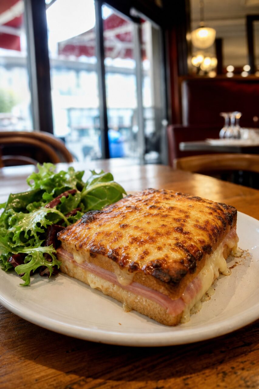 Close view of a melting croque monsieur with green salad in a brasserie