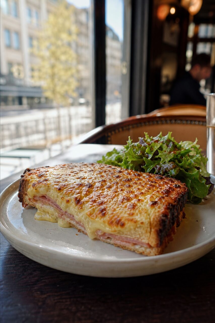 Croque monsieur met gegratineerde kaas en salade bij een groot raam