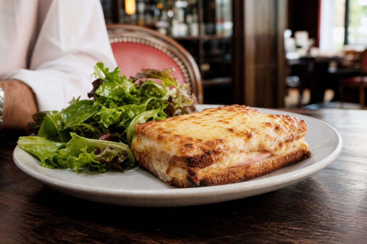 Überbackener Croque Monsieur mit Salat vor einer roten Sitzbank