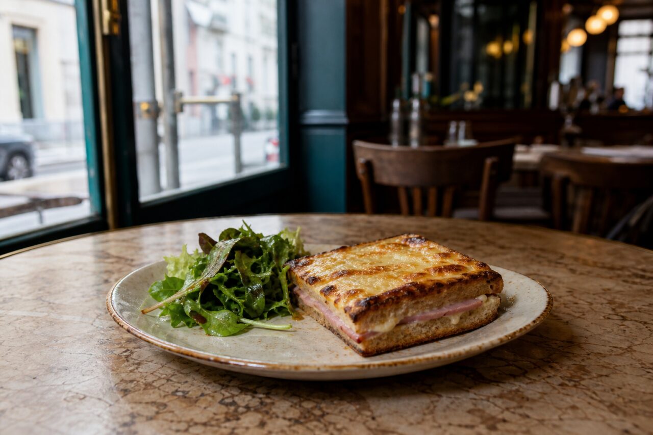Croque monsieur gratinato con insalata su un tavolo vicino alla finestra
