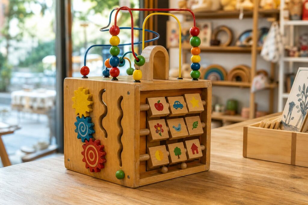 Engranajes y ábaco en un cubo de actividades de madera