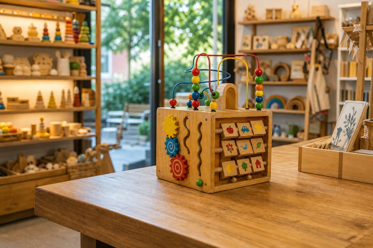 Cube d’activités posé au centre d’une grande table