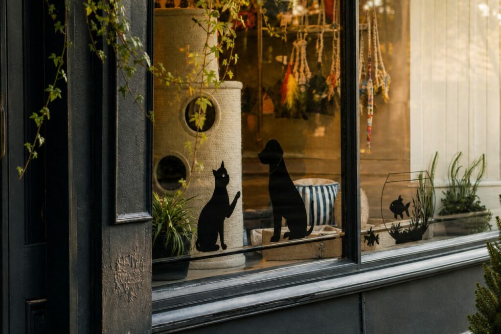 Décoration féline derrière la vitrine