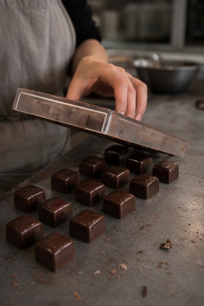 Desenformar chocolates quadrados na Cidade do Cabo
