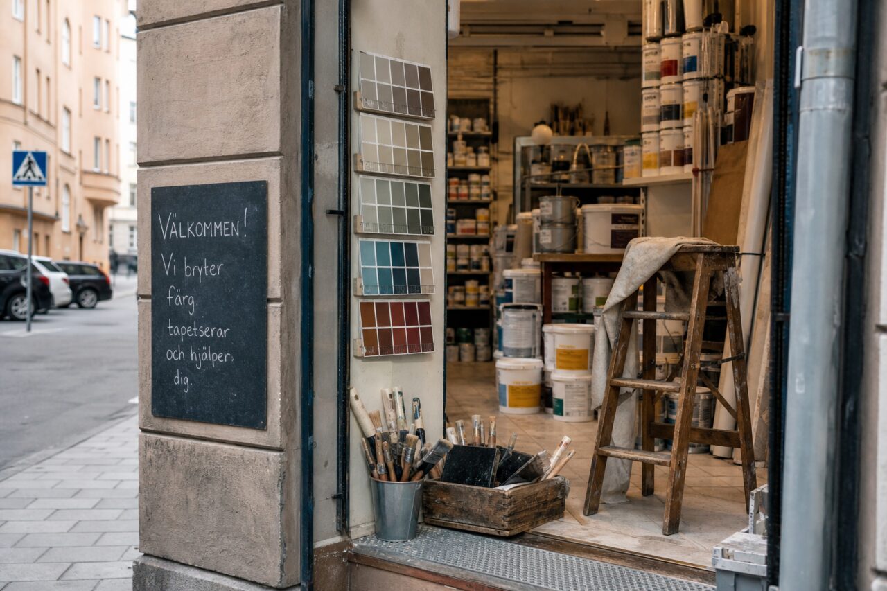 Offenes Farbdepot an einer Stockholmer Straße mit Farbkarten und Trittleiter