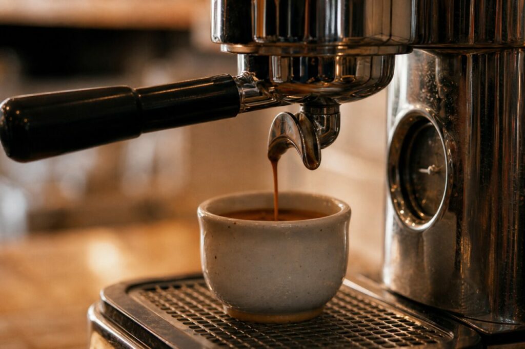 De uitloop van een espressomachine boven een kop koffie