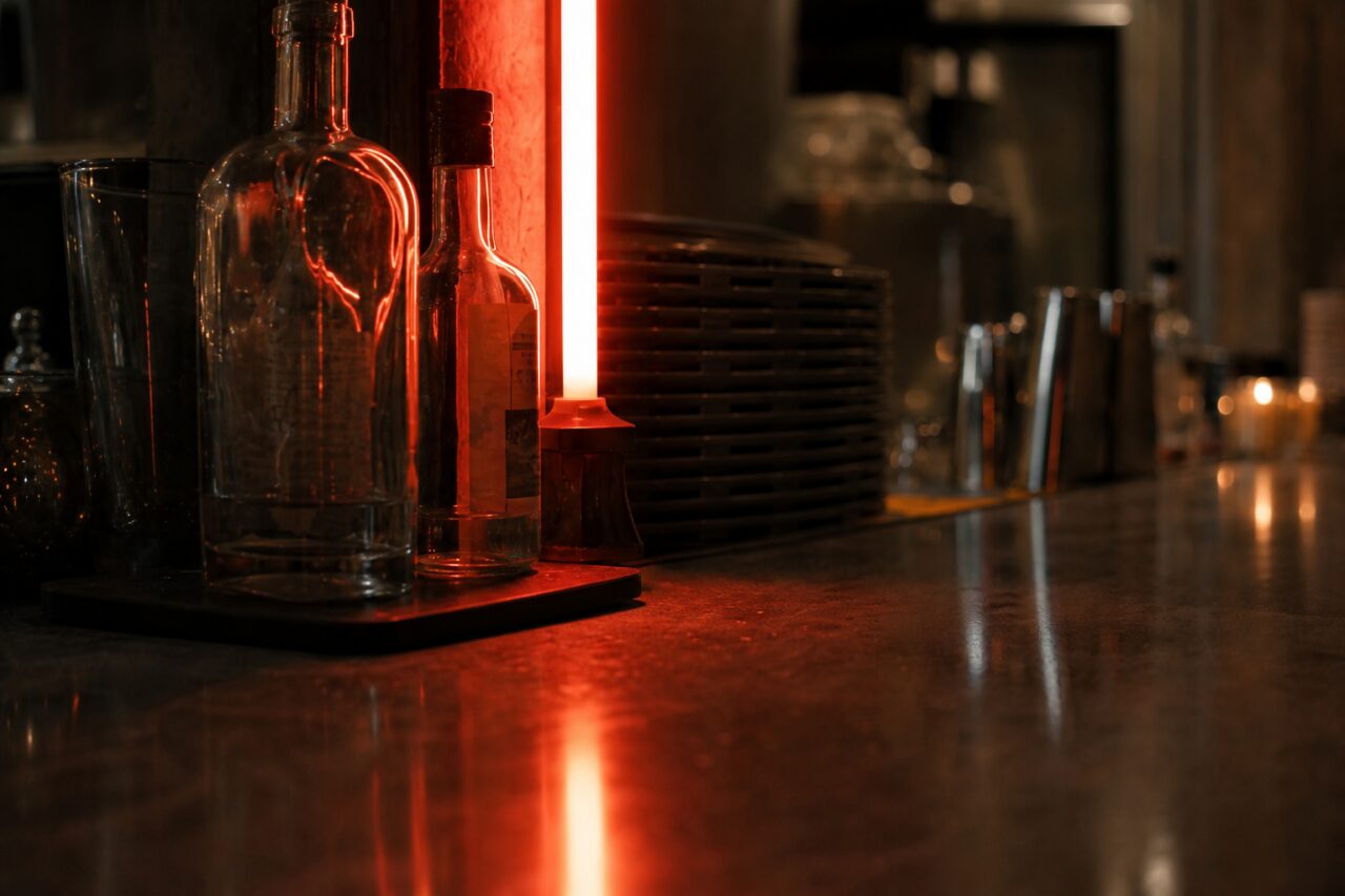 Détail de bouteilles et de verres baignés par le reflet d’un néon rouge au bar