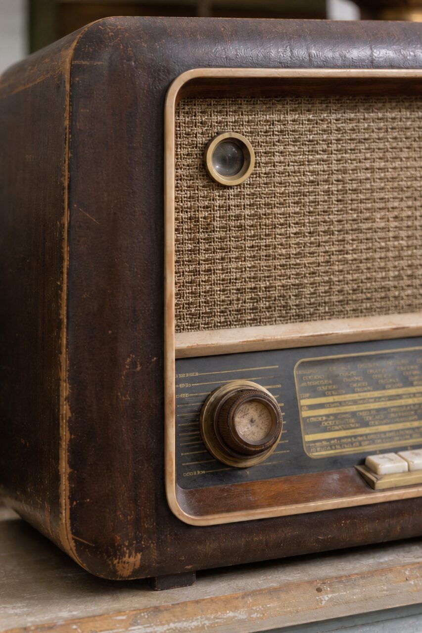 Detail von Senderskala und Drehknöpfen eines alten Holzradios