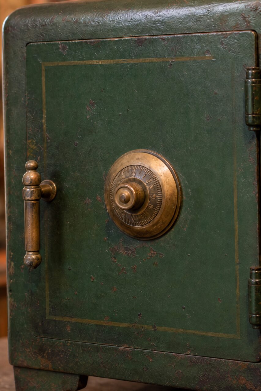 Détail du cadran à combinaison et de la poignée d’un coffre-fort vert
