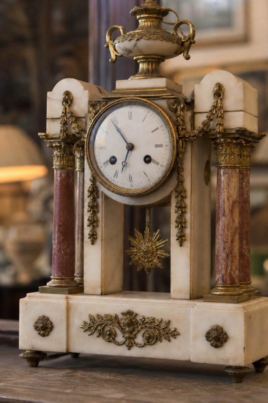 Vertical close-up of a portico clock’s Roman dial with sunburst pendulum and veined columns