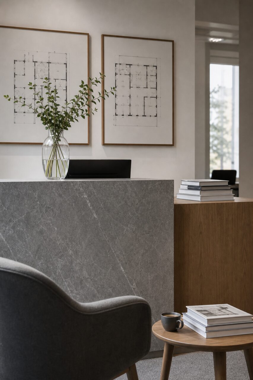 Zurich property office counter detail with coffee
