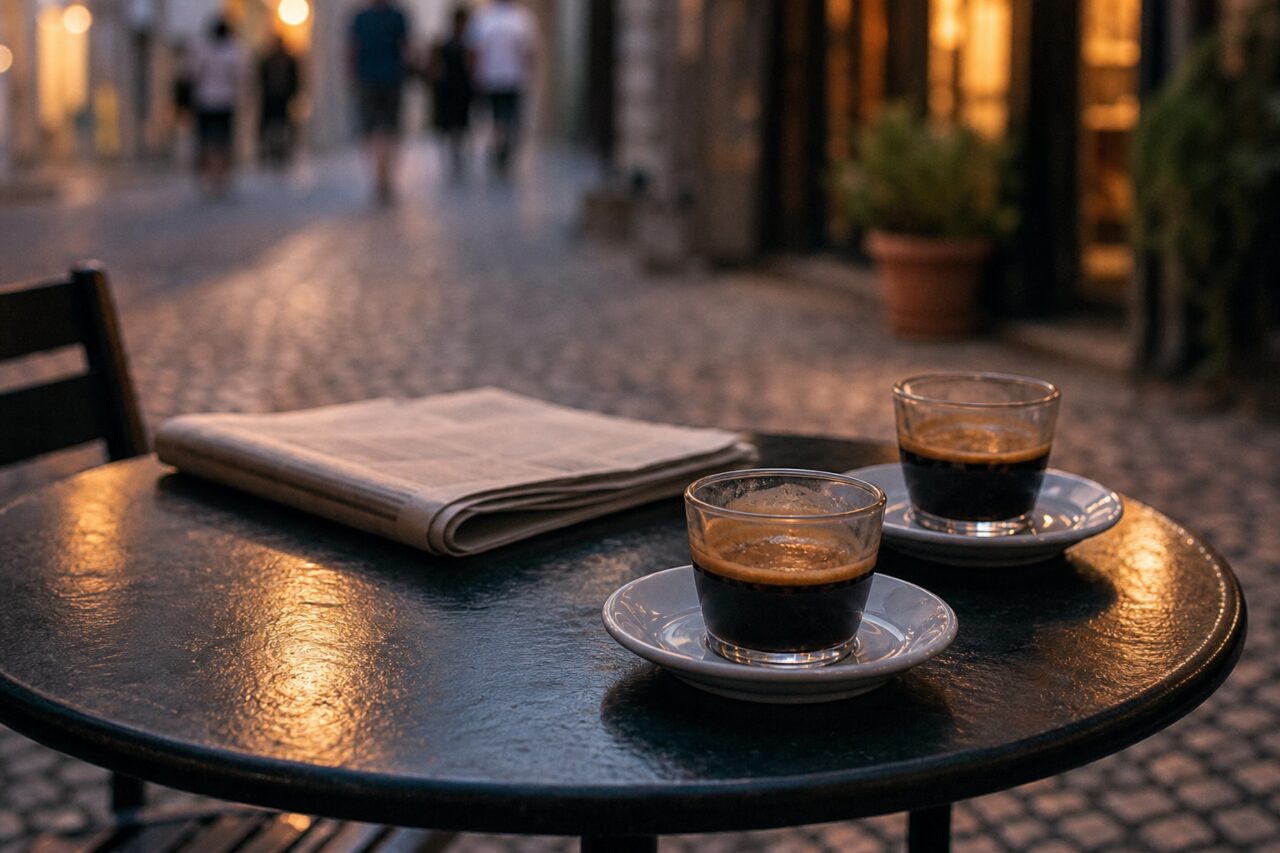 Detail zweier Kaffees auf schwarzem Tisch mit Zeitung und Terrassenspiegelungen