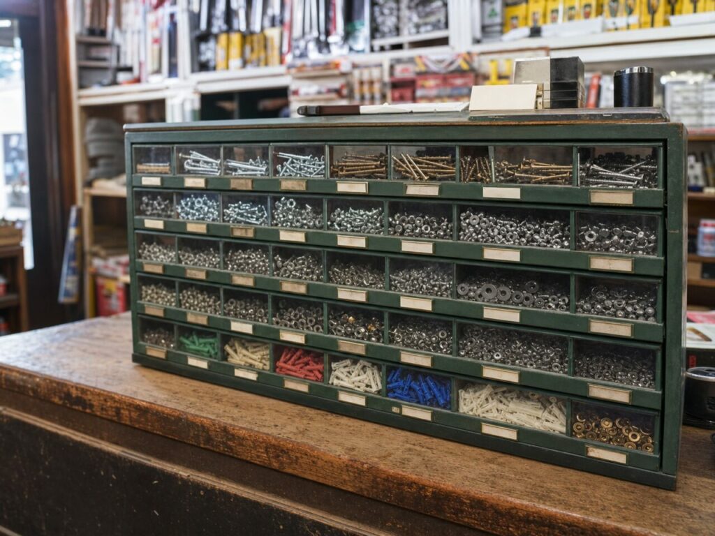 Détail droit d’un meuble de quincaillerie avec vis, rondelles et chevilles bleues